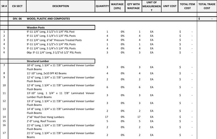 First page of the lumber & wpc estimate sample